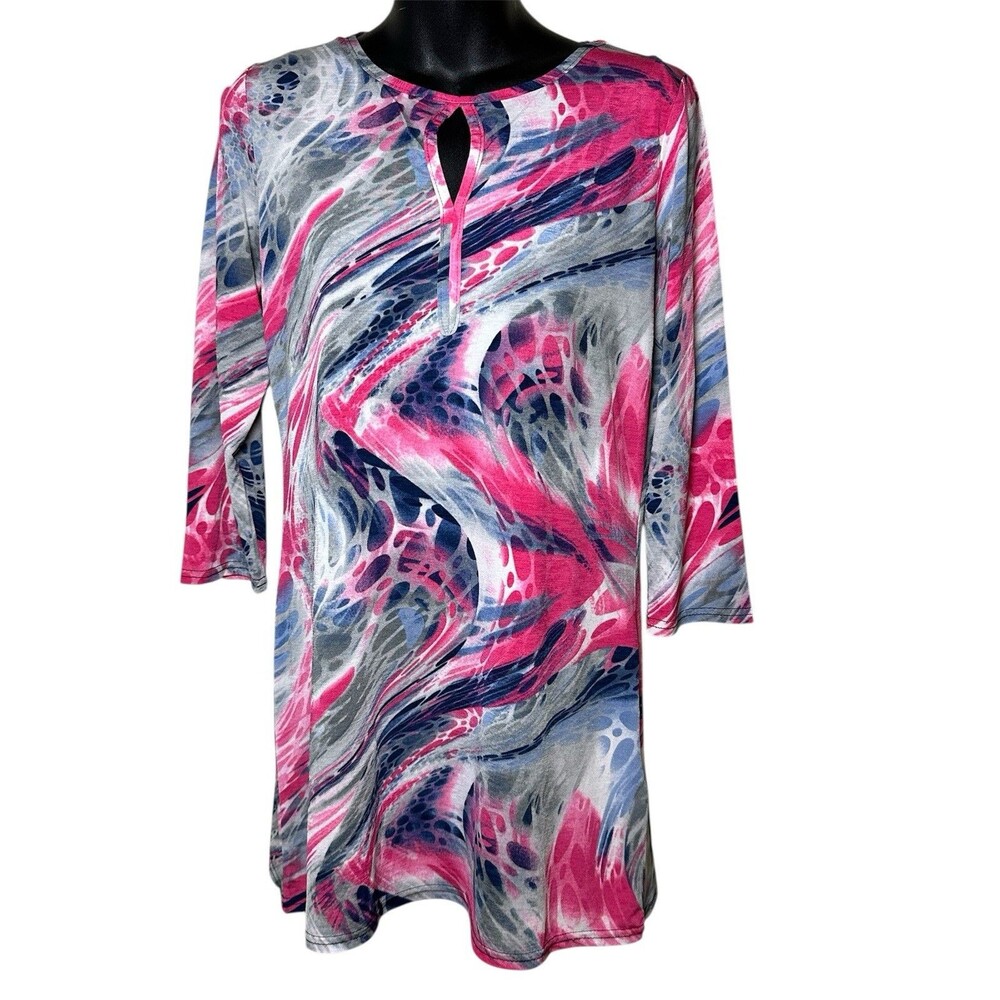 Marble Made In UK 3/4 Sleeve Dress Pink Blue Gray Sz S Tie Dye Pattern - Picture 1 of 7
